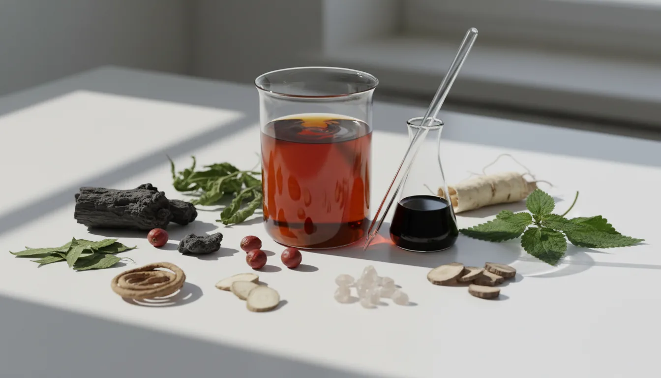 Laboratory bench with glass vessels analysing a botanical testosterone booster extract