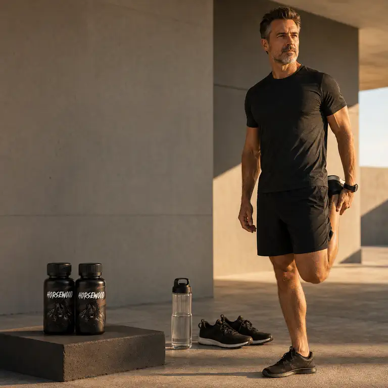 Horsewood bottle pack beside an adult man completing a morning stretch in a courtyard